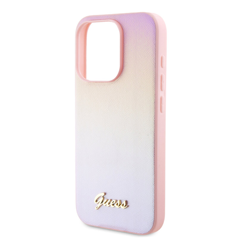 Husa originala Guess iPhone 15 Pro Max Saffiano Iridescent Script, roz, GUHCP15XPSAIRSP