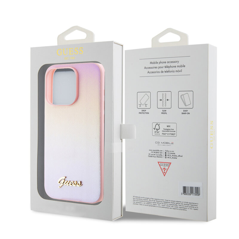 Husa originala Guess iPhone 15 Pro Max Saffiano Iridescent Script, roz, GUHCP15XPSAIRSP