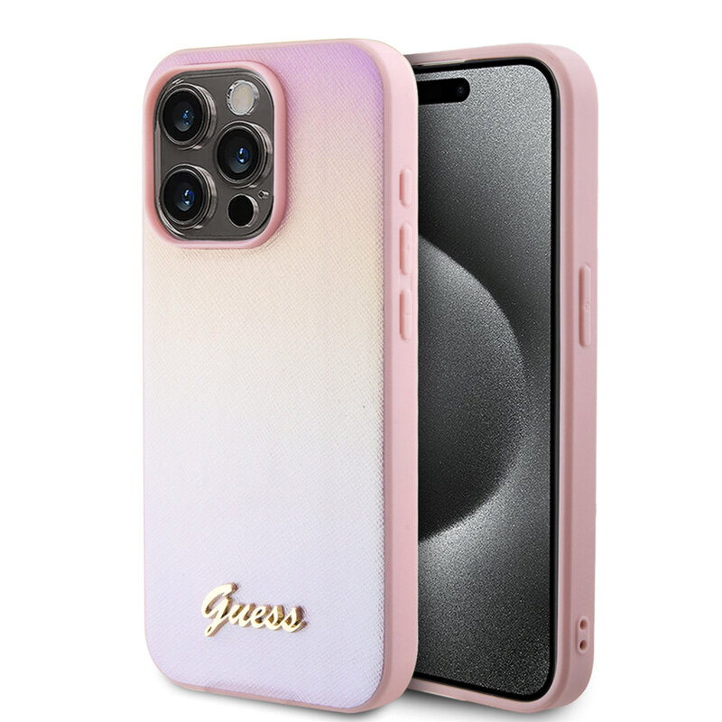 Husa originala Guess iPhone 15 Pro Saffiano Iridescent Script, roz, GUHCP15LPSAIRSP