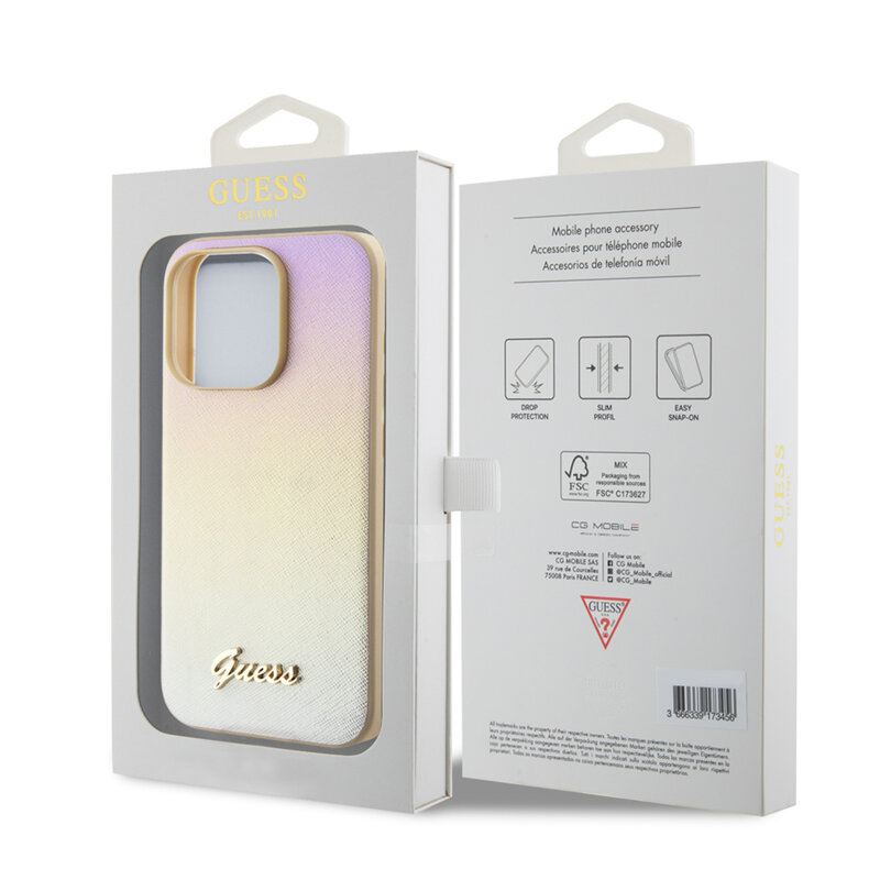 Husa originala Guess iPhone 15 Pro Saffiano Iridescent Script, auriu, GUHCP15LPSAIRSD