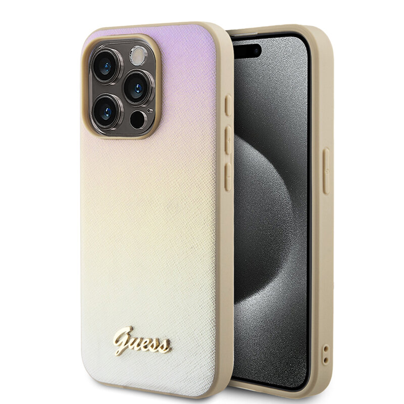 Husa originala Guess iPhone 15 Pro Max Saffiano Iridescent Script, auriu, GUHCP15XPSAIRSD