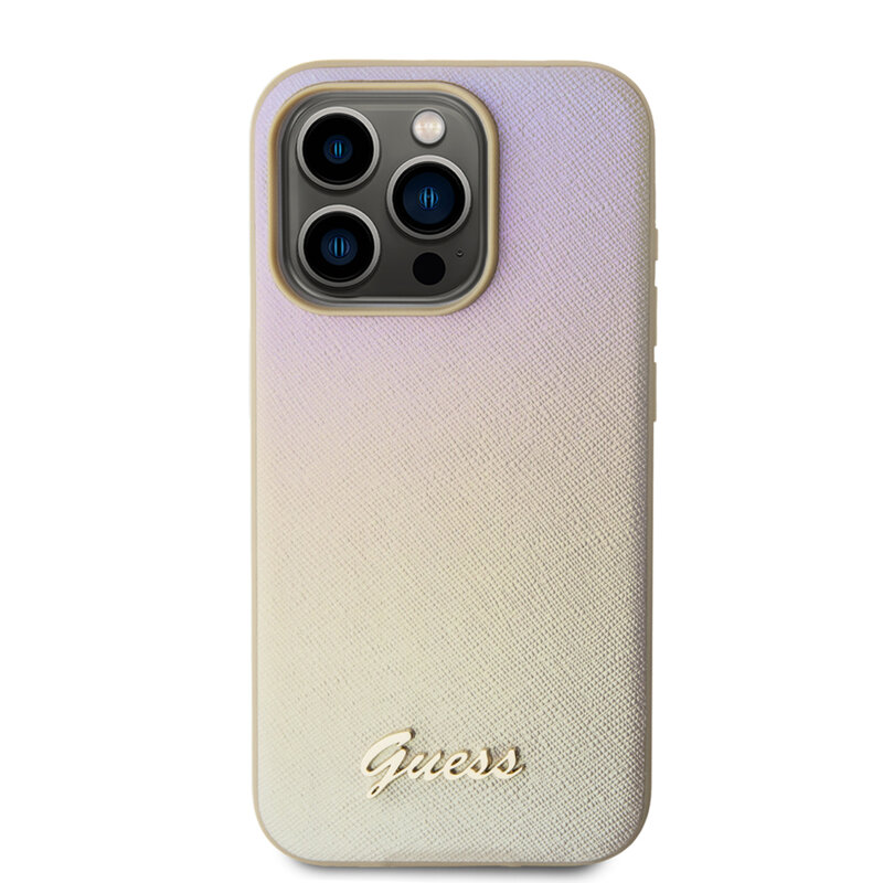 Husa originala Guess iPhone 15 Pro Max Saffiano Iridescent Script, auriu, GUHCP15XPSAIRSD