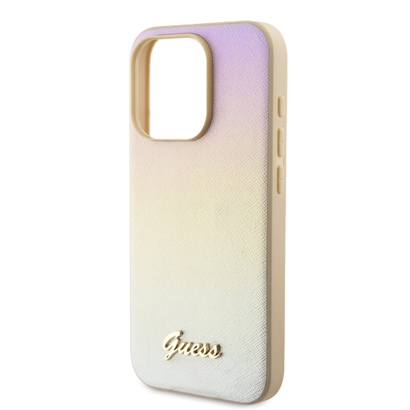 Husa originala Guess iPhone 15 Pro Max Saffiano Iridescent Script, auriu, GUHCP15XPSAIRSD