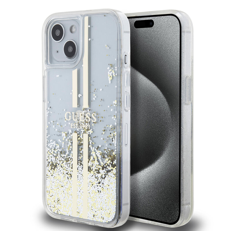 Husa Guess Liquid Glitter Gold Stripes iPhone 15 cu sclipici, transparenta, GUHCP15SLFCSEGT