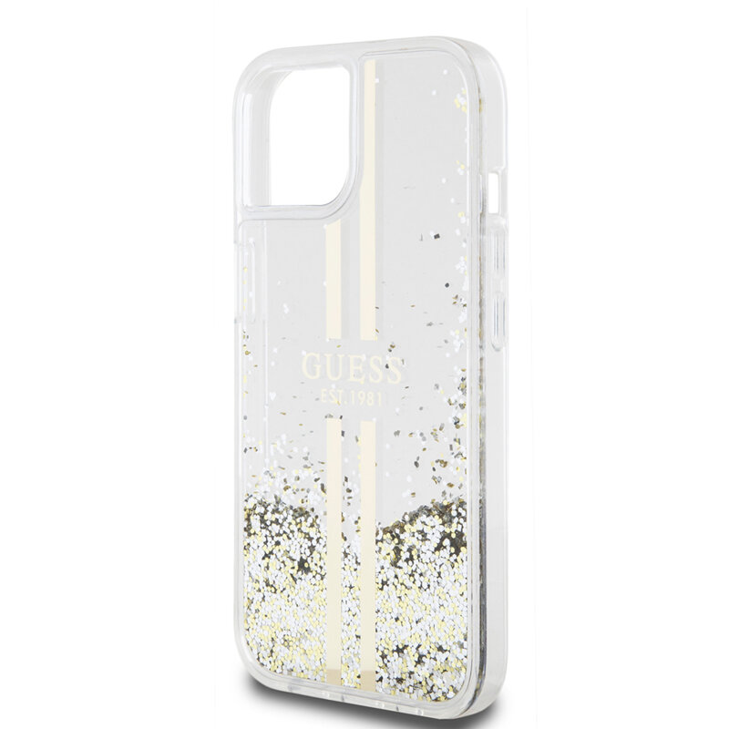 Husa Guess Liquid Glitter Gold Stripes iPhone 15 cu sclipici, transparenta, GUHCP15SLFCSEGT