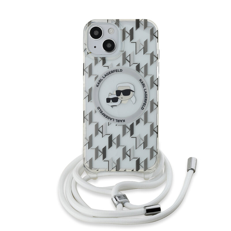 Husa iPhone 15 Karl Lagerfeld IML Crossbody MagSafe, Monogram Karl&Choupette Head, clear, KLHMP15SHCKCKLCT