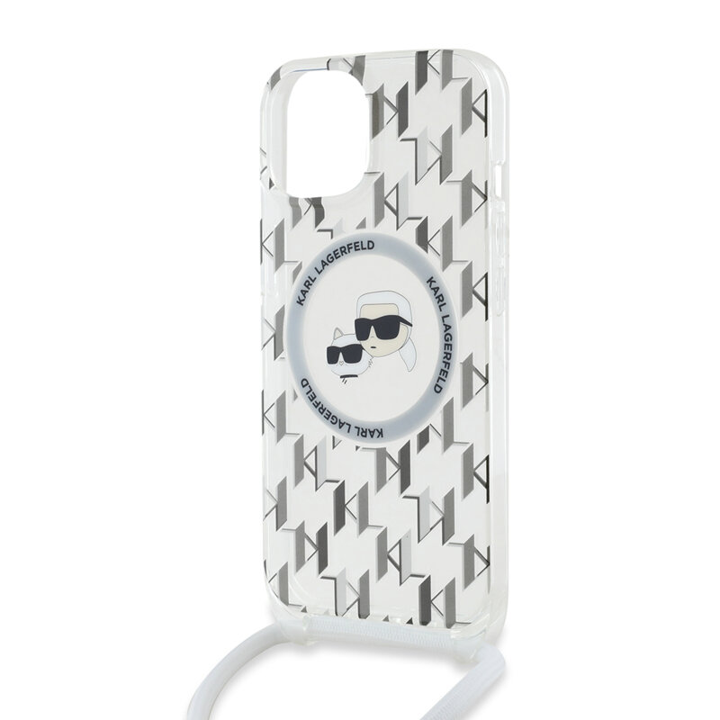 Husa iPhone 15 Karl Lagerfeld IML Crossbody MagSafe, Monogram Karl&Choupette Head, clear, KLHMP15SHCKCKLCT