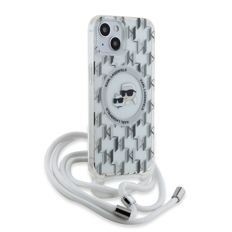 Husa iPhone 15 Karl Lagerfeld IML Crossbody MagSafe, Monogram Karl&Choupette Head, clear, KLHMP15SHCKCKLCT