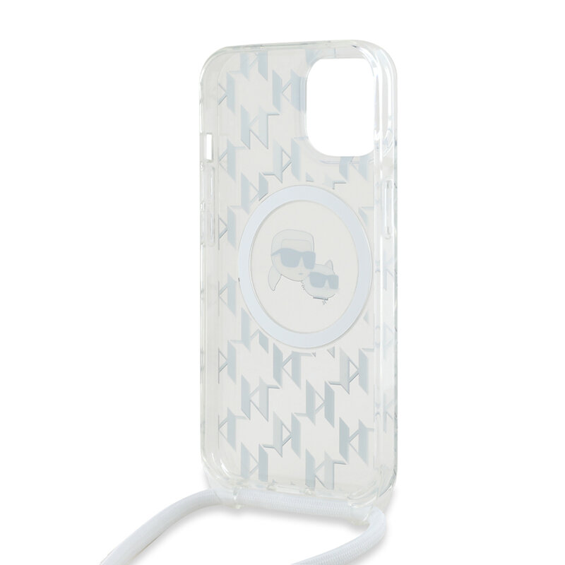 Husa iPhone 15 Karl Lagerfeld IML Crossbody MagSafe, Monogram Karl&Choupette Head, clear, KLHMP15SHCKCKLCT