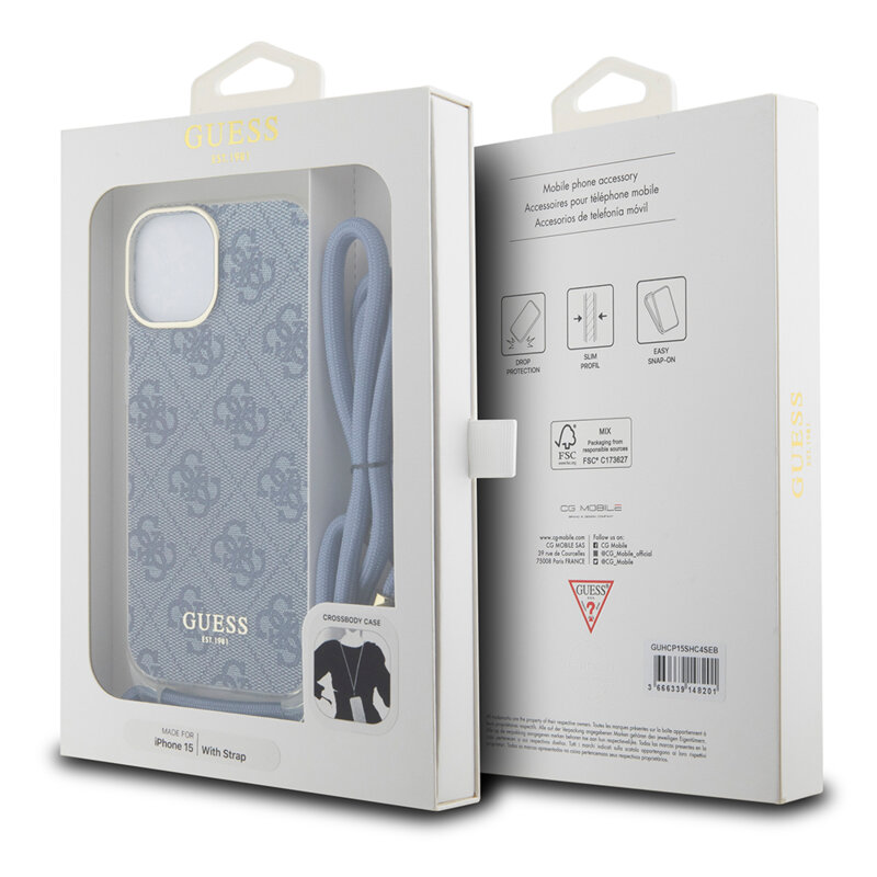 Husa Guess Crossbody Cord 4G Print iPhone 15, albastru, GUHCP15SHC4SEB