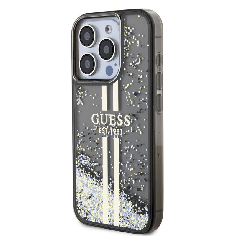 Husa Guess Liquid Glitter Gold Stripes iPhone 15 Pro cu sclipici, negru, GUHCP15LLFCSEGK