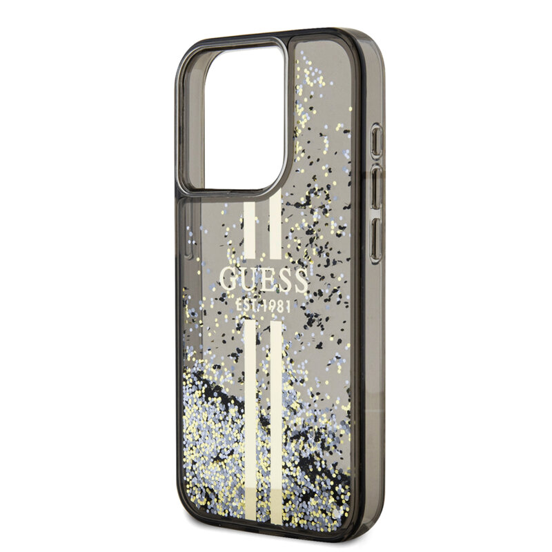 Husa Guess Liquid Glitter Gold Stripes iPhone 15 Pro cu sclipici, negru, GUHCP15LLFCSEGK