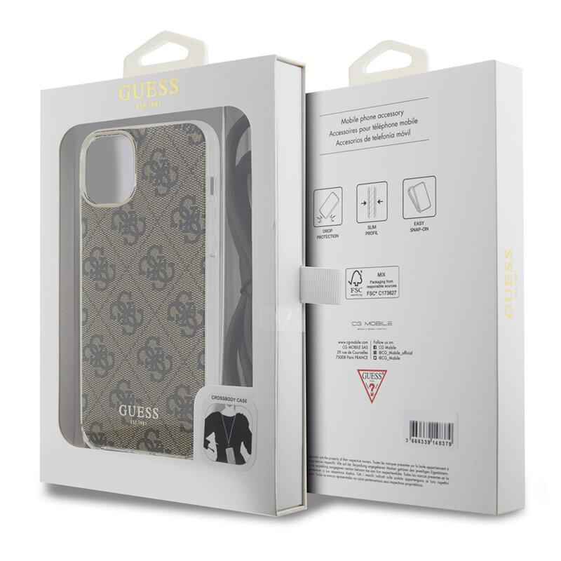 Husa Guess Crossbody Cord 4G Print iPhone 15, maro, GUHCP15SHC4SEW