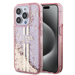 Husa Guess Liquid Glitter Gold Stripes iPhone 15 Pro cu sclipici, roz, GUHCP15LLFCSEGP