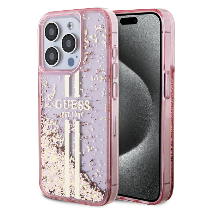 Husa Guess Liquid Glitter Gold Stripes iPhone 15 Pro cu sclipici, roz, GUHCP15LLFCSEGP