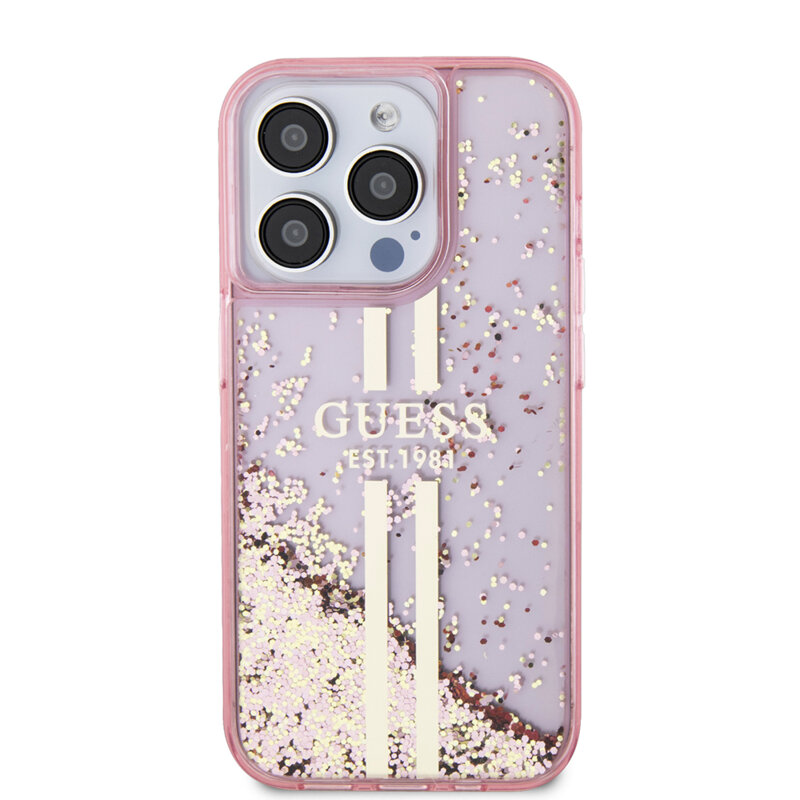 Husa Guess Liquid Glitter Gold Stripes iPhone 15 Pro cu sclipici, roz, GUHCP15LLFCSEGP