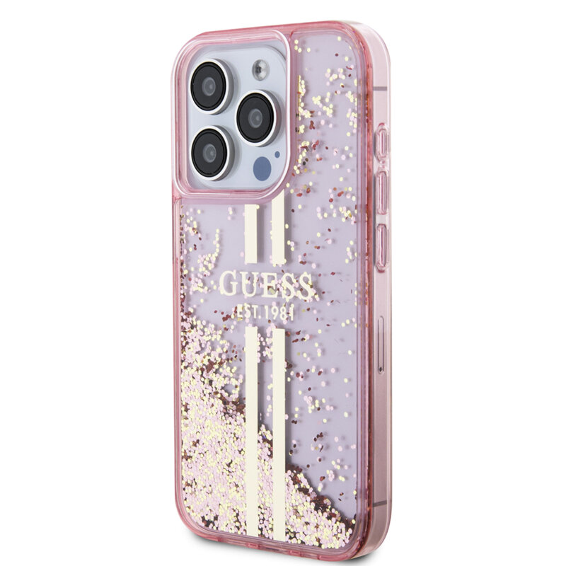 Husa Guess Liquid Glitter Gold Stripes iPhone 15 Pro cu sclipici, roz, GUHCP15LLFCSEGP