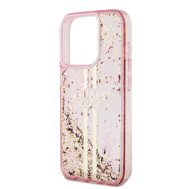 Husa Guess Liquid Glitter Gold Stripes iPhone 15 Pro cu sclipici, roz, GUHCP15LLFCSEGP