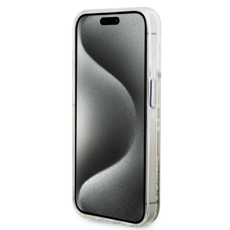 Husa Guess Liquid Glitter Gold Stripes iPhone 15 Pro cu sclipici, transparenta, GUHCP15LLFCSEGT