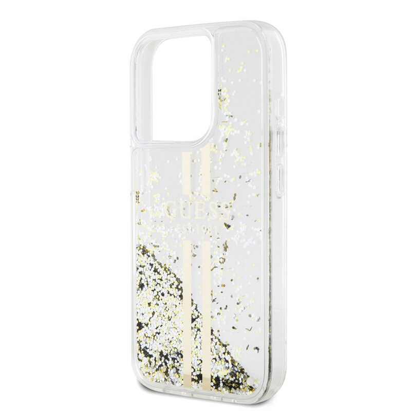 Husa Guess Liquid Glitter Gold Stripes iPhone 15 Pro cu sclipici, transparenta, GUHCP15LLFCSEGT