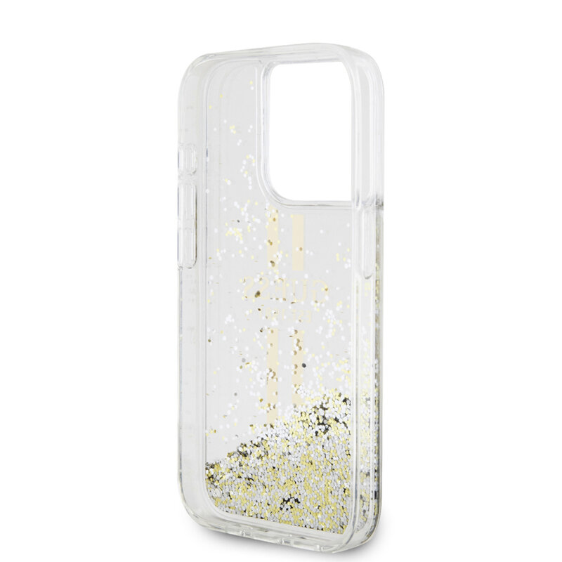 Husa Guess Liquid Glitter Gold Stripes iPhone 15 Pro cu sclipici, transparenta, GUHCP15LLFCSEGT