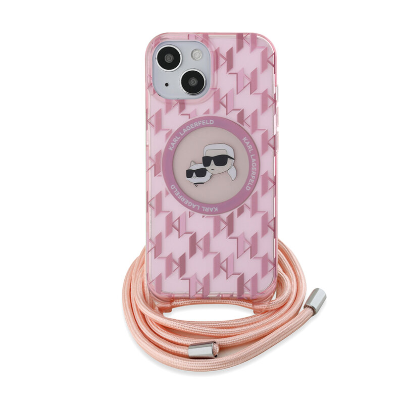 Husa iPhone 15 Karl Lagerfeld IML Crossbody MagSafe, Monogram Karl&Choupette Head, roz, KLHMP15SHCKCKLCP