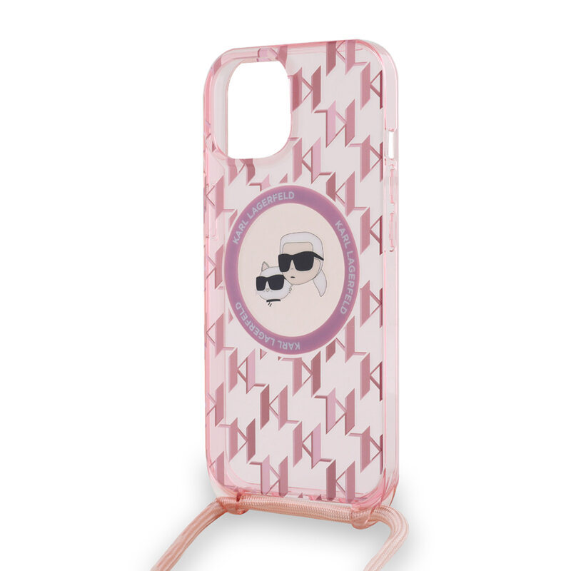 Husa iPhone 15 Karl Lagerfeld IML Crossbody MagSafe, Monogram Karl&Choupette Head, roz, KLHMP15SHCKCKLCP