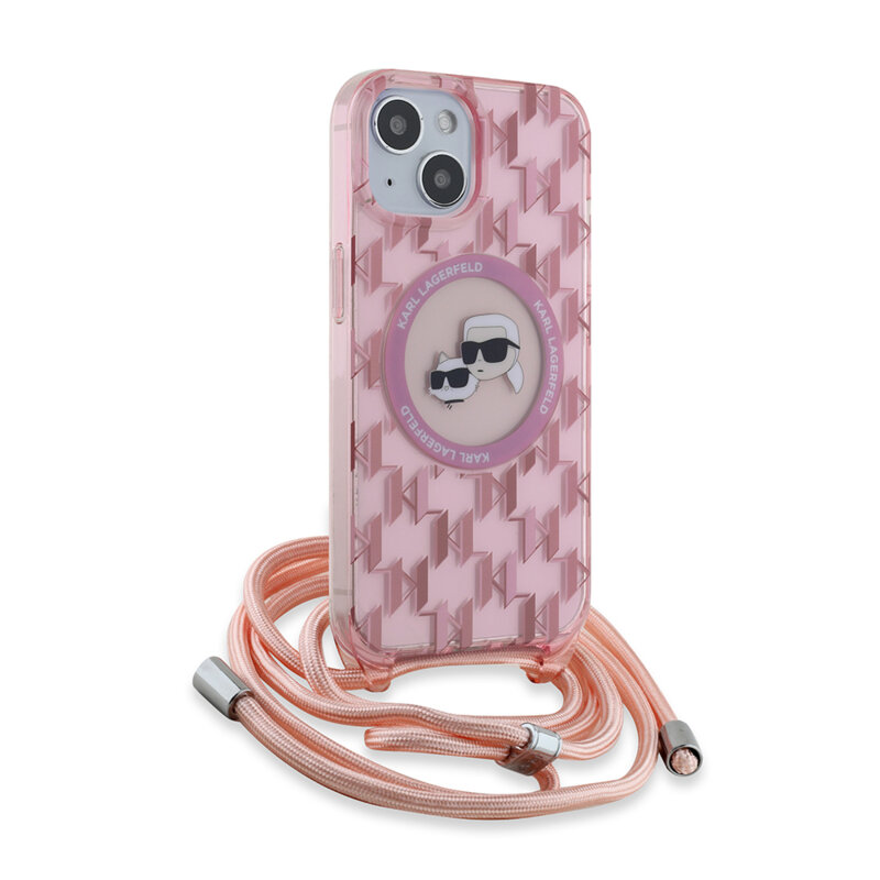 Husa iPhone 15 Karl Lagerfeld IML Crossbody MagSafe, Monogram Karl&Choupette Head, roz, KLHMP15SHCKCKLCP