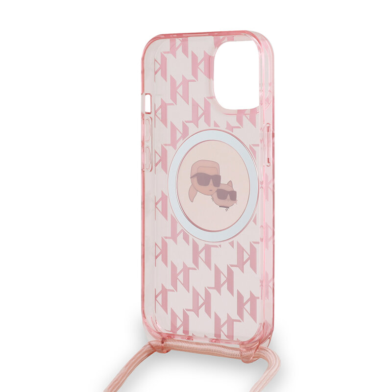 Husa iPhone 15 Karl Lagerfeld IML Crossbody MagSafe, Monogram Karl&Choupette Head, roz, KLHMP15SHCKCKLCP
