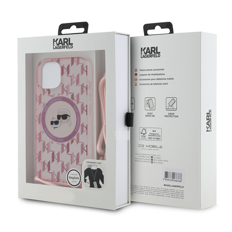Husa iPhone 15 Karl Lagerfeld IML Crossbody MagSafe, Monogram Karl&Choupette Head, roz, KLHMP15SHCKCKLCP