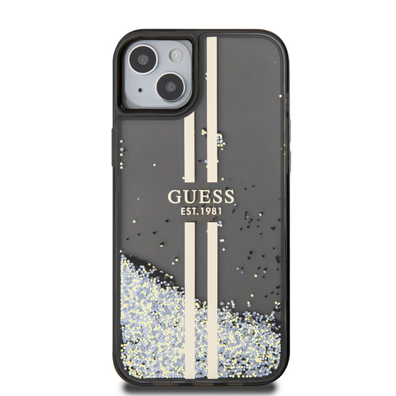 Husa Guess Liquid Glitter Gold Stripes iPhone 15 Plus cu sclipici, negru, GUHCP15MLFCSEGK