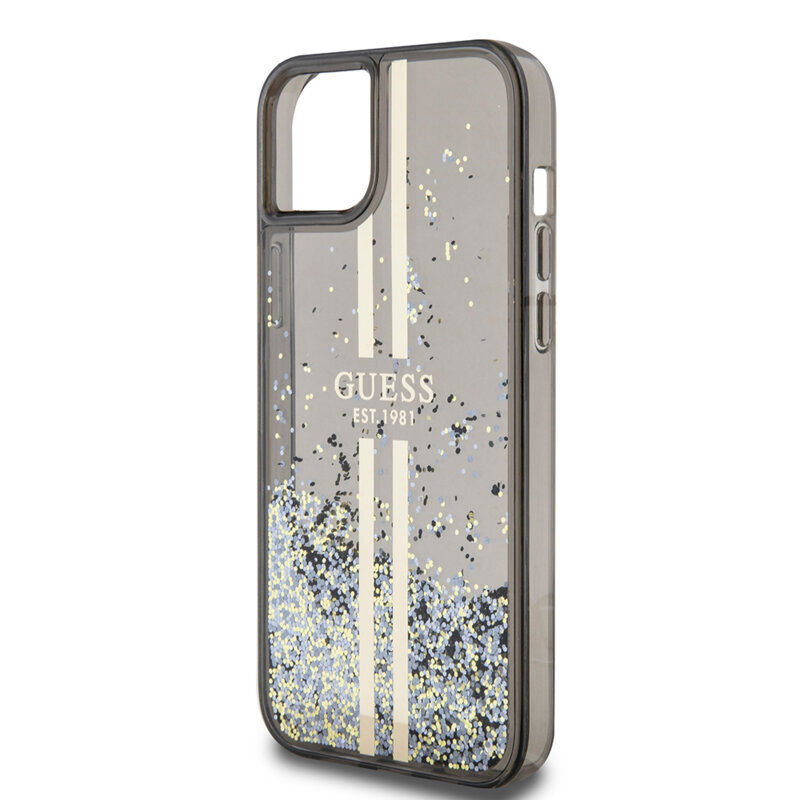 Husa Guess Liquid Glitter Gold Stripes iPhone 15 Plus cu sclipici, negru, GUHCP15MLFCSEGK