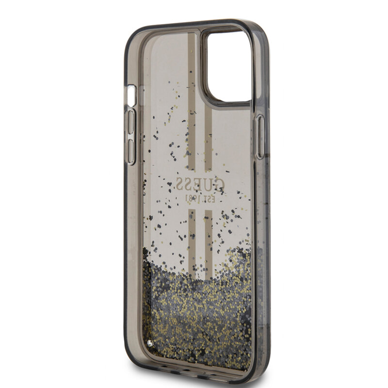 Husa Guess Liquid Glitter Gold Stripes iPhone 15 Plus cu sclipici, negru, GUHCP15MLFCSEGK