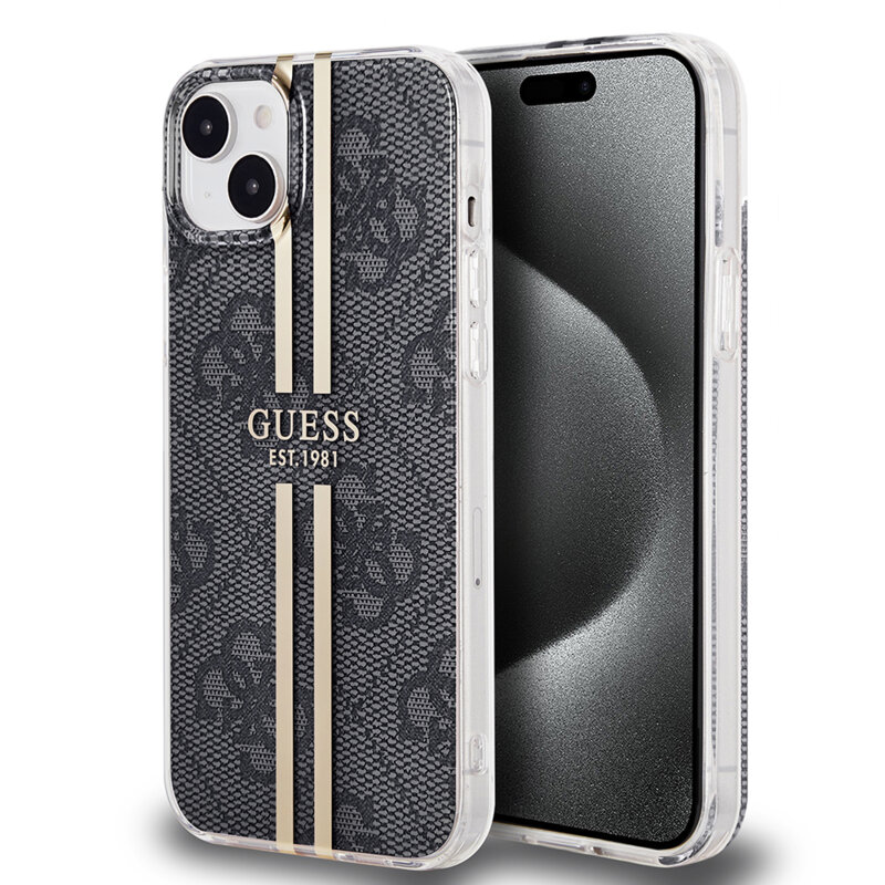 Husa Guess Hardcase IML 4G Gold Stripe iPhone 15 Plus, negru, GUHCP15MH4PSEGK