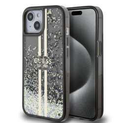 Husa Guess Liquid Glitter Gold Stripes iPhone 15 cu sclipici, negru, GUHCP15SLFCSEGK