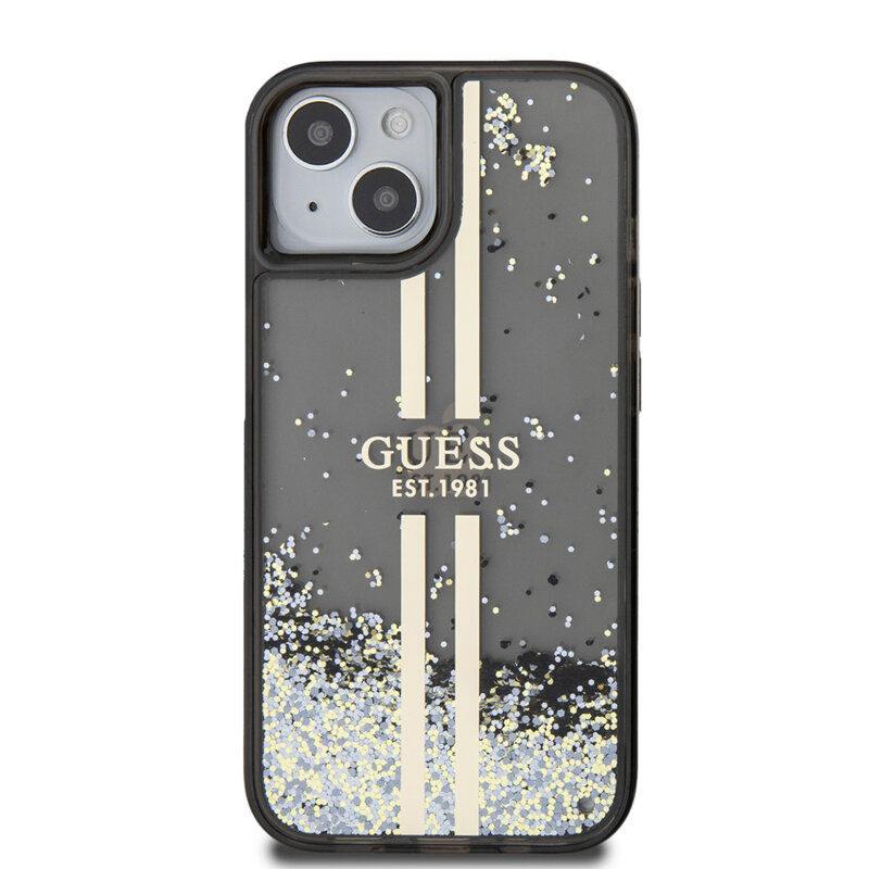 Husa Guess Liquid Glitter Gold Stripes iPhone 15 cu sclipici, negru, GUHCP15SLFCSEGK