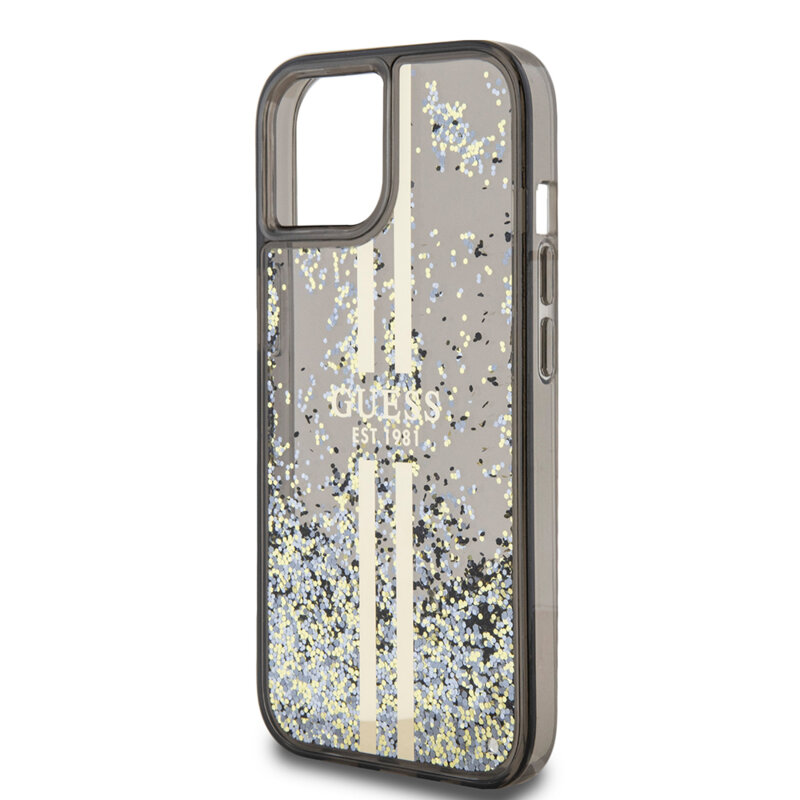Husa Guess Liquid Glitter Gold Stripes iPhone 15 cu sclipici, negru, GUHCP15SLFCSEGK