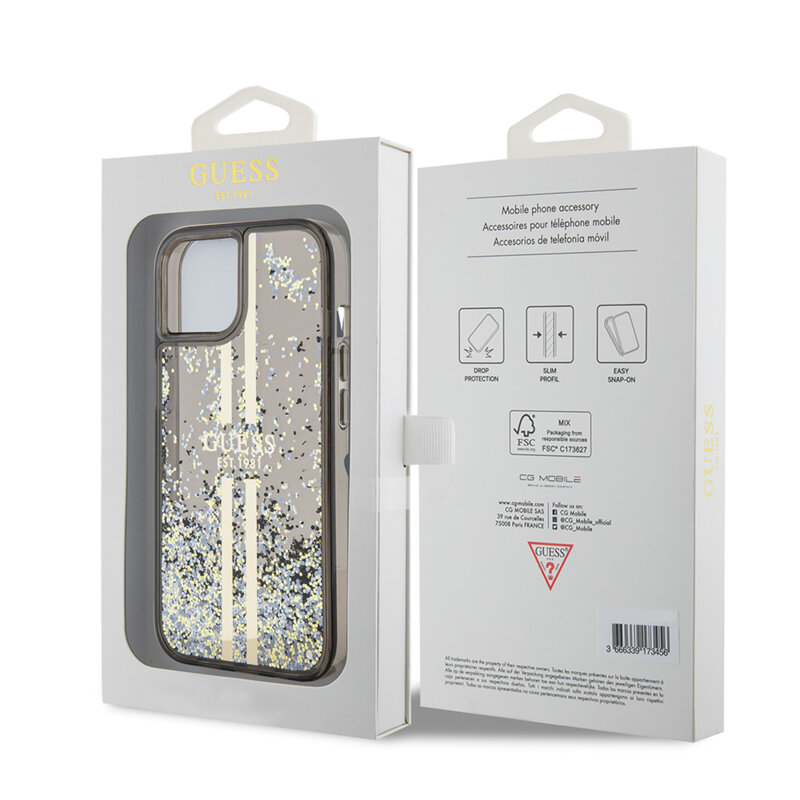 Husa Guess Liquid Glitter Gold Stripes iPhone 15 cu sclipici, negru, GUHCP15SLFCSEGK