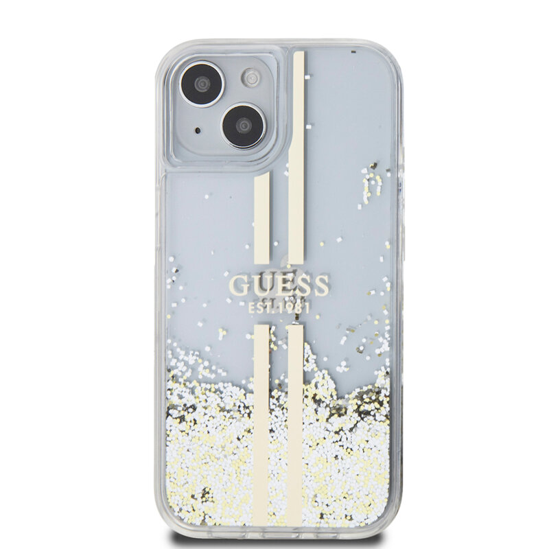 Husa Guess Liquid Glitter Gold Stripes iPhone 15 Plus cu sclipici, transparenta, GUHCP15MLFCSEGT