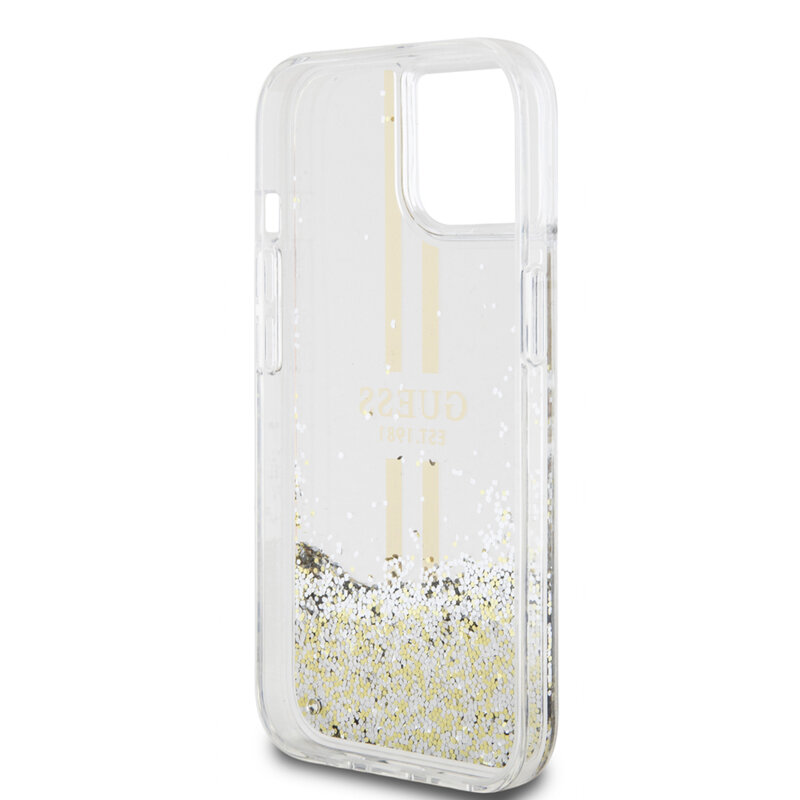 Husa Guess Liquid Glitter Gold Stripes iPhone 15 Plus cu sclipici, transparenta, GUHCP15MLFCSEGT