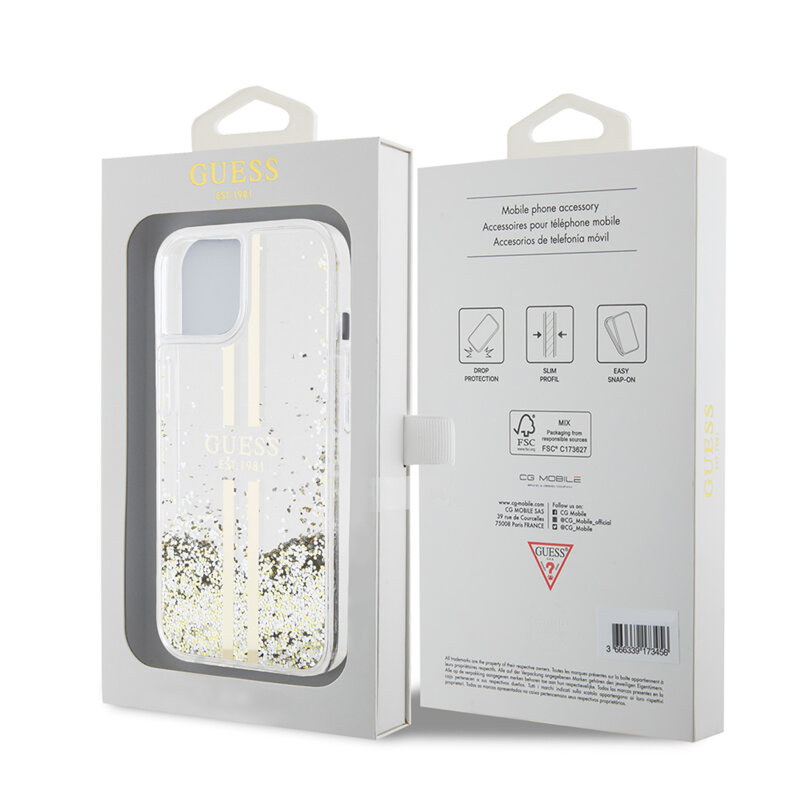 Husa Guess Liquid Glitter Gold Stripes iPhone 15 Plus cu sclipici, transparenta, GUHCP15MLFCSEGT
