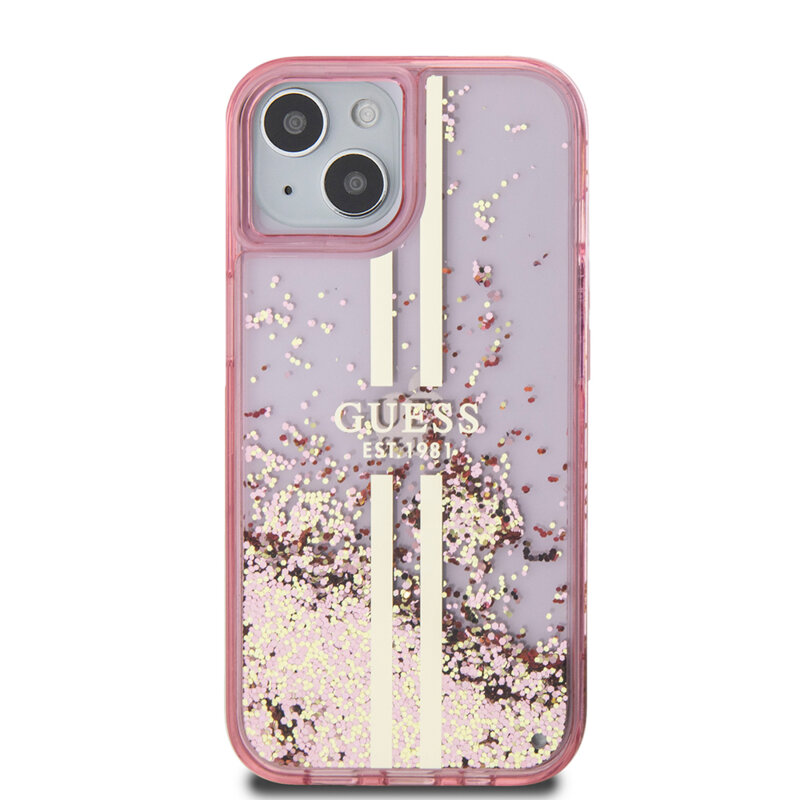 Husa Guess Liquid Glitter Gold Stripes iPhone 15 Plus cu sclipici, roz, GUHCP15MLFCSEGP