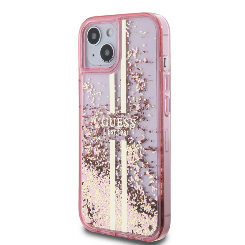 Husa Guess Liquid Glitter Gold Stripes iPhone 15 Plus cu sclipici, roz, GUHCP15MLFCSEGP