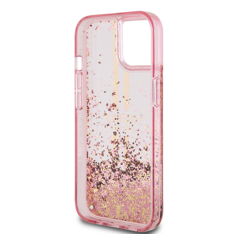 Husa Guess Liquid Glitter Gold Stripes iPhone 15 Plus cu sclipici, roz, GUHCP15MLFCSEGP