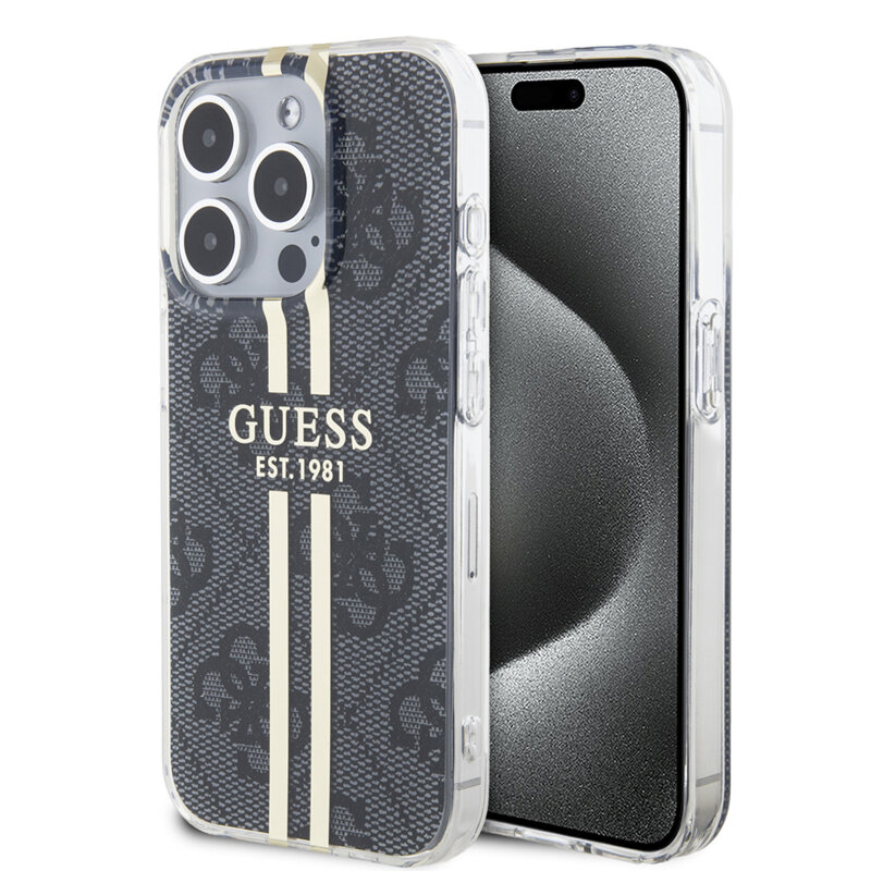 Husa Guess Hardcase IML iPhone 15 Pro 4G Gold Stripe, negru, GUHCP15LH4PSEGK