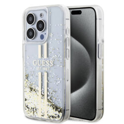 Husa Guess Liquid Glitter Gold Stripes iPhone 15 Pro Max cu sclipici, transparenta, GUHCP15XLFCSEGT