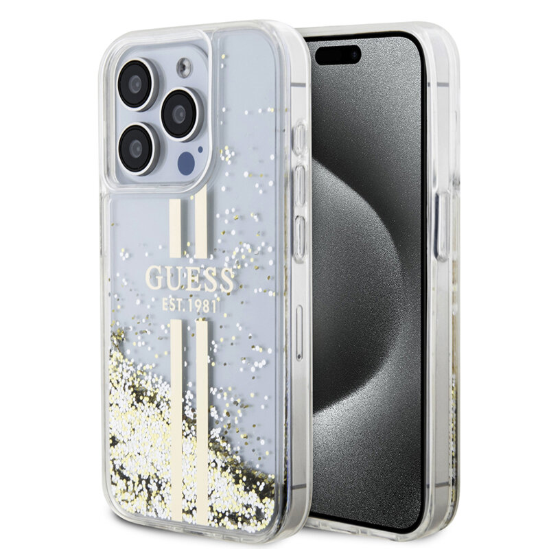 Husa Guess Liquid Glitter Gold Stripes iPhone 15 Pro Max cu sclipici, transparenta, GUHCP15XLFCSEGT