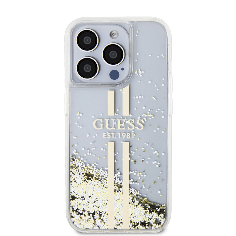 Husa Guess Liquid Glitter Gold Stripes iPhone 15 Pro Max cu sclipici, transparenta, GUHCP15XLFCSEGT