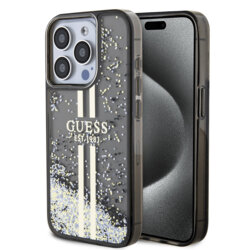 Husa Guess Liquid Glitter Gold Stripes iPhone 15 Pro Max cu sclipici, negru, GUHCP15XLFCSEGK