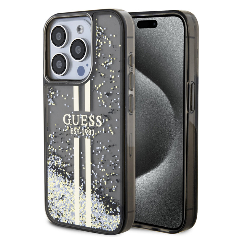 Husa Guess Liquid Glitter Gold Stripes iPhone 15 Pro Max cu sclipici, negru, GUHCP15XLFCSEGK